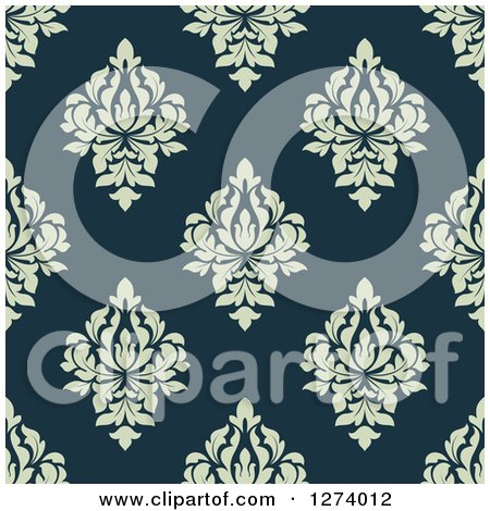 Clipart of a Seamless Background Pattern of Green Damask Floral on Teal - Royalty Free Vector Illustration by Vector Tradition SM