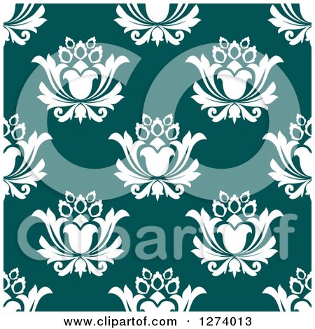 Clipart of a Seamless Background Pattern of White Damask Floral on Teal - Royalty Free Vector Illustration by Vector Tradition SM