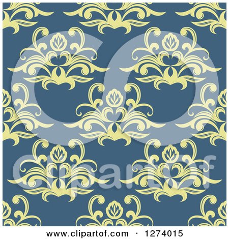 Clipart of a Seamless Background Pattern of Yellow Damask Floral on Blue - Royalty Free Vector Illustration by Vector Tradition SM