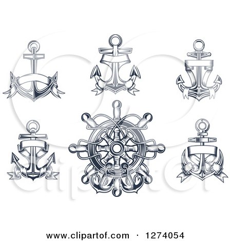 Clipart of Navy Blue Nautical Anchors and a Helm - Royalty Free Vector Illustration by Vector Tradition SM
