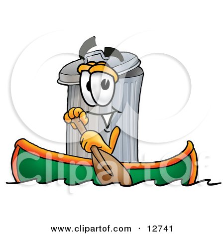 Clipart Picture of a Garbage Can Mascot Cartoon Character Rowing a Boat by Mascot Junction