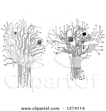 Clipart of Grayscale Computer Chip and Circuit Trees - Royalty Free Vector Illustration by Vector Tradition SM