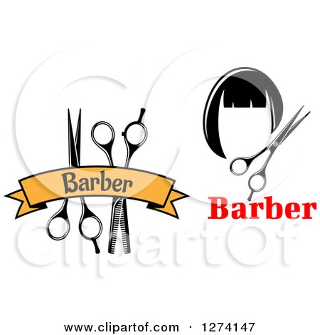 Clipart of a Barber Scissors Under a Yellow Banner and Wig - Royalty Free Vector Illustration by Vector Tradition SM