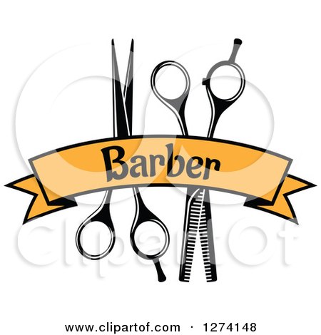 Clipart of a Barber Scissors and a Yellow Text Banner - Royalty Free Vector Illustration by Vector Tradition SM
