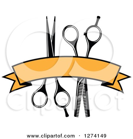 Clipart of a Barber Scissors and a Blank Yellow Banner - Royalty Free Vector Illustration by Vector Tradition SM