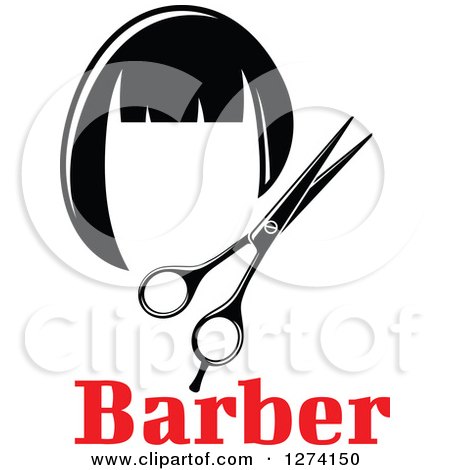 Clipart of a Black and White Barber Scissors and Wig over Text - Royalty Free Vector Illustration by Vector Tradition SM