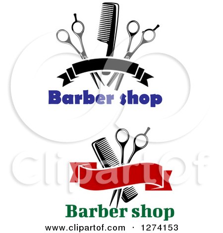 Clipart of Barber Shop Text with Banners, Combs and Scissors - Royalty Free Vector Illustration by Vector Tradition SM