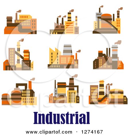 Clipart of Factory Buildings in Brown Yellow and Orange Tones, over Text - Royalty Free Vector Illustration by Vector Tradition SM