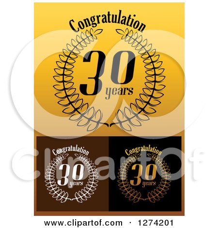 Clipart of 30 Years Laurel Wreath Anniversary Designs on Gold, Brown and Black Backgrounds - Royalty Free Vector Illustration by Vector Tradition SM