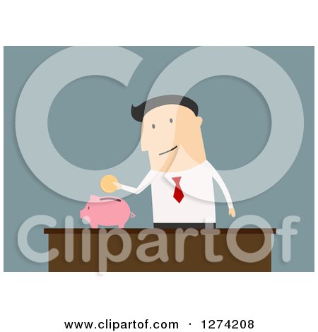 Clipart of a Caucasian Businessman Putting a Coin in a Piggy Bank - Royalty Free Vector Illustration by Vector Tradition SM