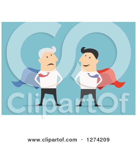 Clipart of a Worried Super Senior Caucasian Businessman and Young Man, over Blue - Royalty Free Vector Illustration by Vector Tradition SM
