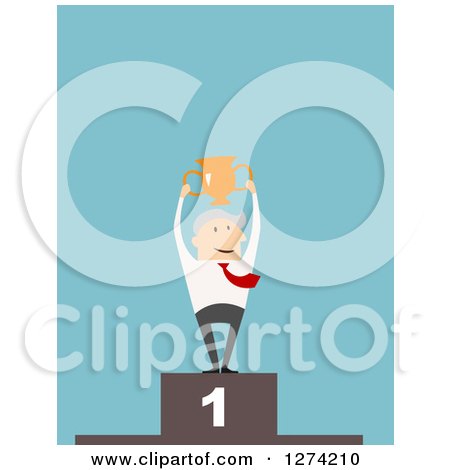 Clipart of a Senior Caucasian Businessman Holding up a Trophy on a Podium, over Blue - Royalty Free Vector Illustration by Vector Tradition SM