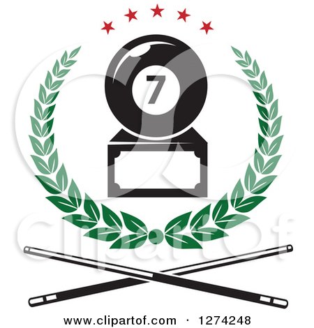Clipart of a Billiards Seven Ball Trophy in a Green Wreath with Red Stars Above Crossed Cue Sticks - Royalty Free Vector Illustration by Vector Tradition SM
