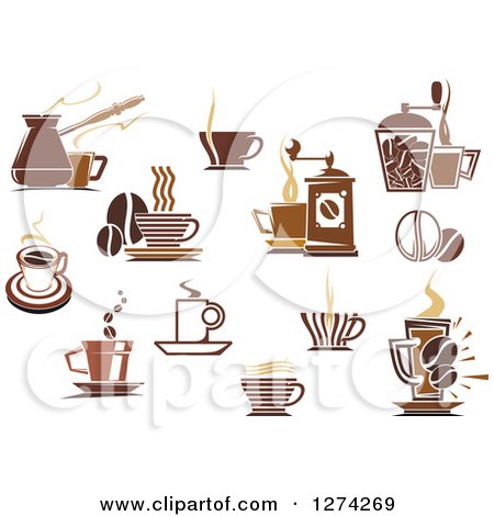 Clipart of Brown Coffee Cups, Grinders and Beans - Royalty Free Vector Illustration by Vector Tradition SM