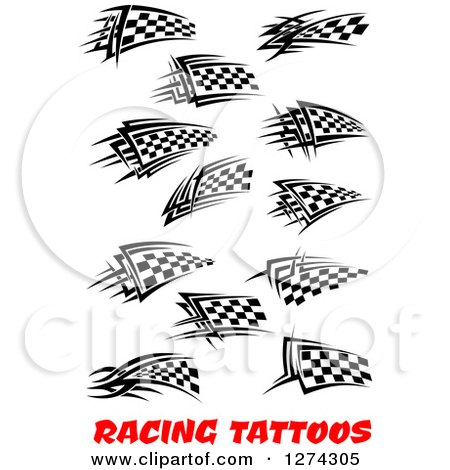 Clipart of Black and White Tribal Checkered Racing Flags and Text - Royalty Free Vector Illustration by Vector Tradition SM