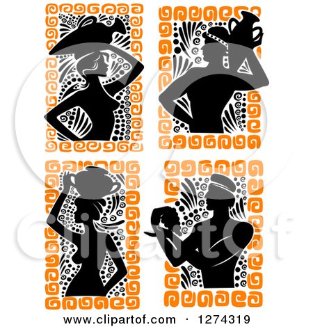 Clipart of Silhouetted Ancient Medieval Greek Men and Women Water Bearers and Grapes - Royalty Free Vector Illustration by Vector Tradition SM