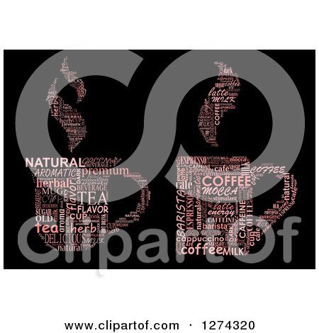 Clipart of Pink Cup Shaped Tea and Coffee Word Collages on Black - Royalty Free Vector Illustration by Vector Tradition SM
