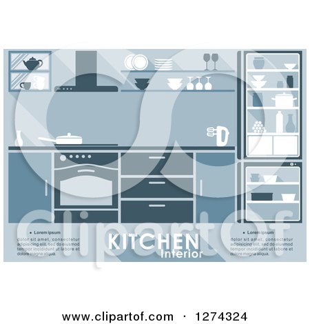 Clipart of a Blue Kitchen Interior with Text 3 - Royalty Free Vector Illustration by Vector Tradition SM