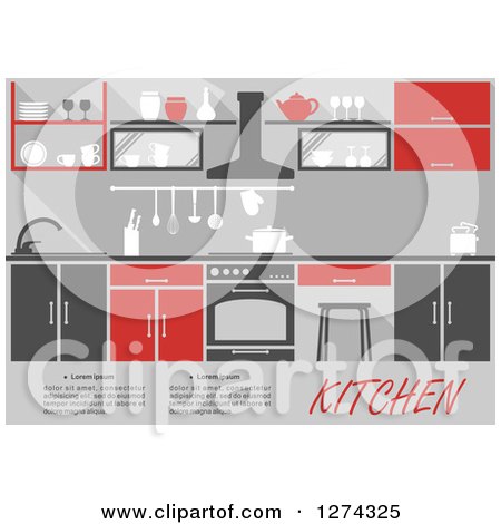 Clipart of a Red and Gray Kitchen Interior with Text - Royalty Free Vector Illustration by Vector Tradition SM