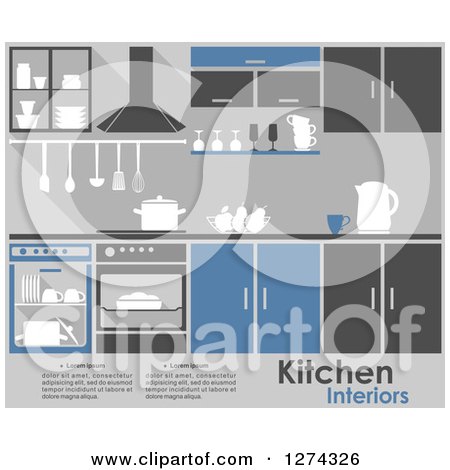 Clipart of a Blue and Gray Kitchen Interior with Text - Royalty Free Vector Illustration by Vector Tradition SM