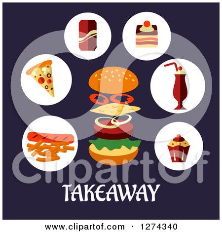 Clipart of Fast Food over Takeaway Text on Blue - Royalty Free Vector Illustration by Vector Tradition SM