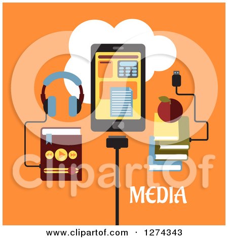 Clipart of Headphones Connected to an MP3 Player, Tablet with Apps and Books Connected to the Cloud with Media Text on Orange - Royalty Free Vector Illustration by Vector Tradition SM