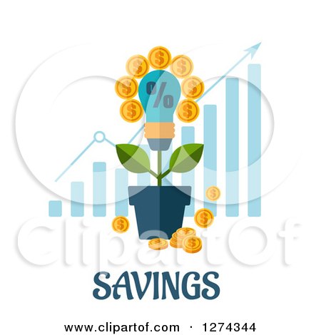 Clipart of a Lightbulb with Coins over a Growth Bar Graph and Text on White - Royalty Free Vector Illustration by Vector Tradition SM