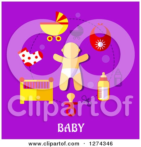 Clipart of a Baby and Accessories with Text on Purple - Royalty Free Vector Illustration by Vector Tradition SM