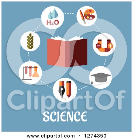 Clipart of a Book with Science Icons and Text on Blue - Royalty Free Vector Illustration by Vector Tradition SM