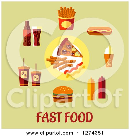 Clipart of Fast Food Icons and Text on Green - Royalty Free Vector Illustration by Vector Tradition SM