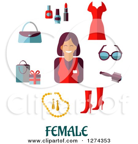 Clipart of a Female Store Clerk with Fashion Accessories over Text on White - Royalty Free Vector Illustration by Vector Tradition SM