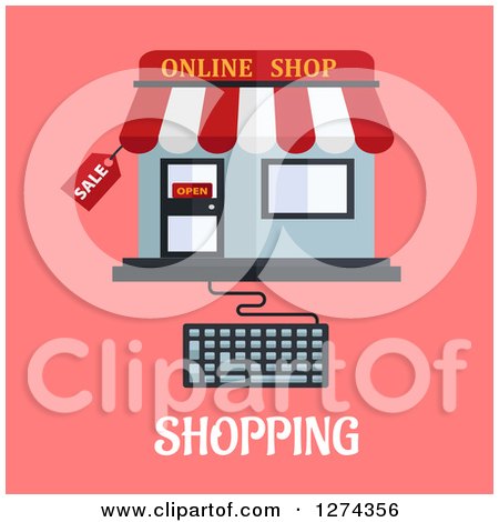 Clipart of an Online Shop Store with a Computer Keyboard over Shopping Text on Pink - Royalty Free Vector Illustration by Vector Tradition SM