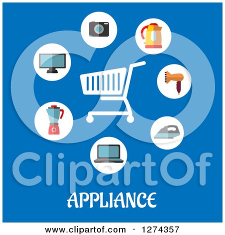 Clipart of a Shopping Cart with Household Items and Appliance Text on Blue - Royalty Free Vector Illustration by Vector Tradition SM