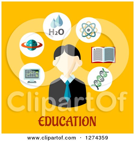 Clipart of a Student and E Learning Icons over Education Text on Yellow - Royalty Free Vector Illustration by Vector Tradition SM