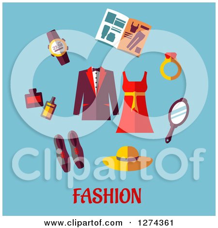 Clipart of a Dress, Coat and Fashion Accessories over Text on Blue - Royalty Free Vector Illustration by Vector Tradition SM