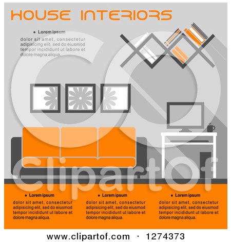 Clipart of a Gray and Orange Toned Living Room Interior with Text - Royalty Free Vector Illustration by Vector Tradition SM