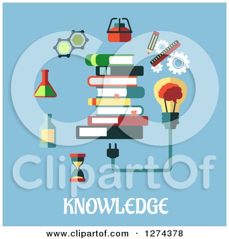 Clipart of a Stack of Books, Light Bulb and Icons on Blue with Text - Royalty Free Vector Illustration by Vector Tradition SM