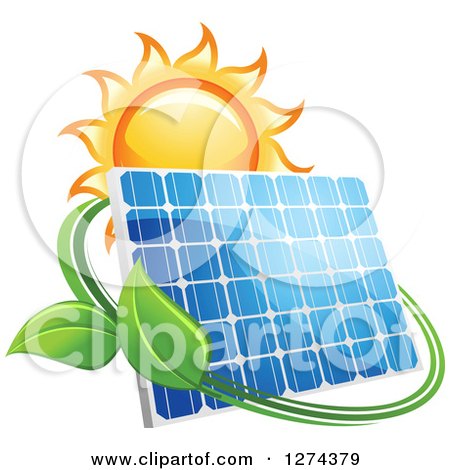 Clipart of a Shining Sun and Solar Panel Encircled with a Swoosh and Green Leaves - Royalty Free Vector Illustration by Vector Tradition SM