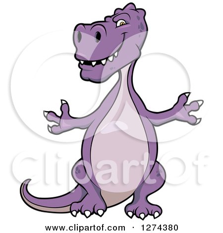 Clipart of a Shrugging Purple Tyrannosaurus Rex Dinosaur - Royalty Free Vector Illustration by Vector Tradition SM
