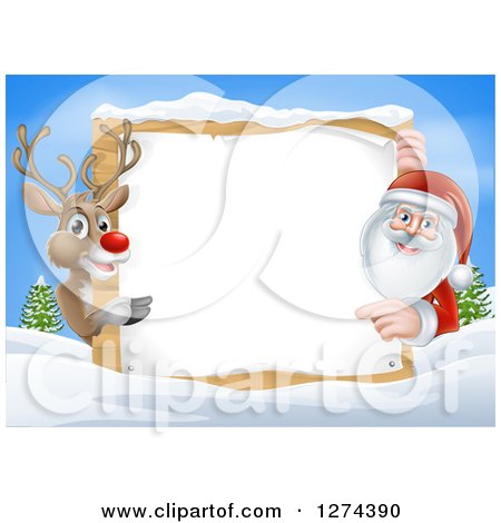 Clipart of a Red Nosed Reindeer and Santa Pointing Around a Christmas Wood Sign on a Winter Day - Royalty Free Vector Illustration by AtStockIllustration