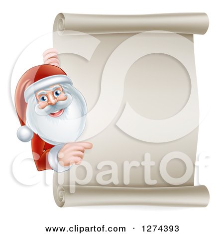 Clipart of Santa Claus Smiling and Pointing Around a Blank Scroll Christmas Sign - Royalty Free Vector Illustration by AtStockIllustration