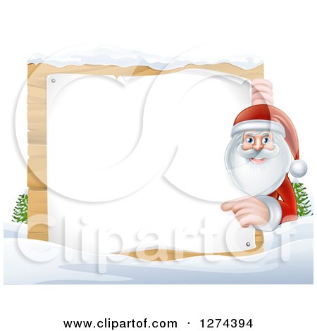 Clipart of Santa Claus Smiling and Pointing Around a Blank Christmas Sign in the Snow - Royalty Free Vector Illustration by AtStockIllustration