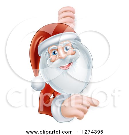 Clipart of Santa Smiling and Pointing Around a Christmas Sign - Royalty Free Vector Illustration by AtStockIllustration