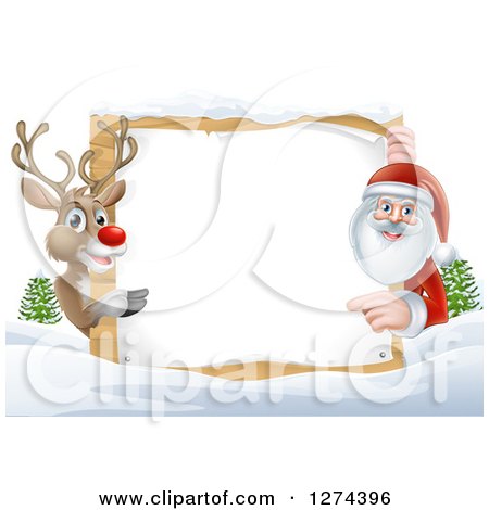 Clipart of a Red Nosed Reindeer and Santa Pointing Around a Christmas Wood Sign in the Snow - Royalty Free Vector Illustration by AtStockIllustration
