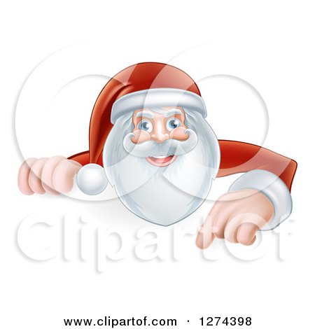 Clipart of Santa Smiling and Pointing down at a Christmas Sign - Royalty Free Vector Illustration by AtStockIllustration