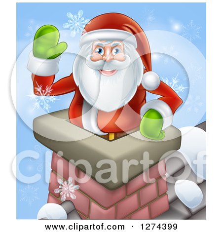 Clipart of Santa Claus in a Roof Top Chimney, Smiling and Waving on Christmas Eve, with Snowflakes - Royalty Free Vector Illustration by AtStockIllustration