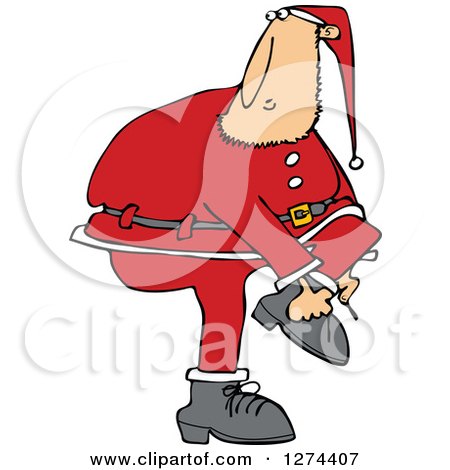 Clipart of a Christmas Santa Clause Trying to Put on a Boot - Royalty Free Vector Illustration by djart