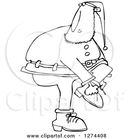 Clipart of a Black and White Christmas Santa Clause Trying to Put on a Boot - Royalty Free Vector Illustration by djart