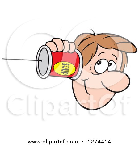 Clipart of a Happy Caucasian Man Holding a Can Pone to His Ear - Royalty Free Vector Illustration by Johnny Sajem
