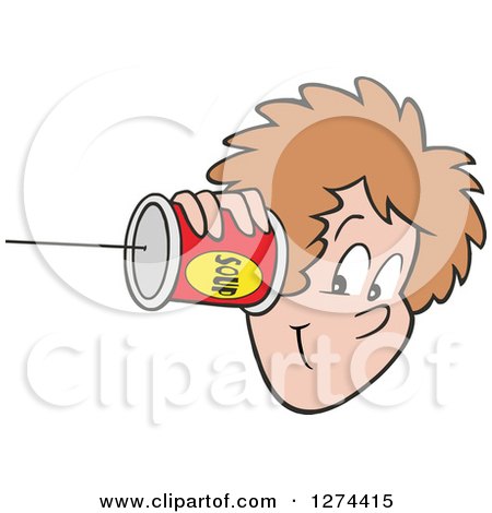 Clipart of a Happy Caucasian Woman Holding a Can Pone to Her Ear - Royalty Free Vector Illustration by Johnny Sajem